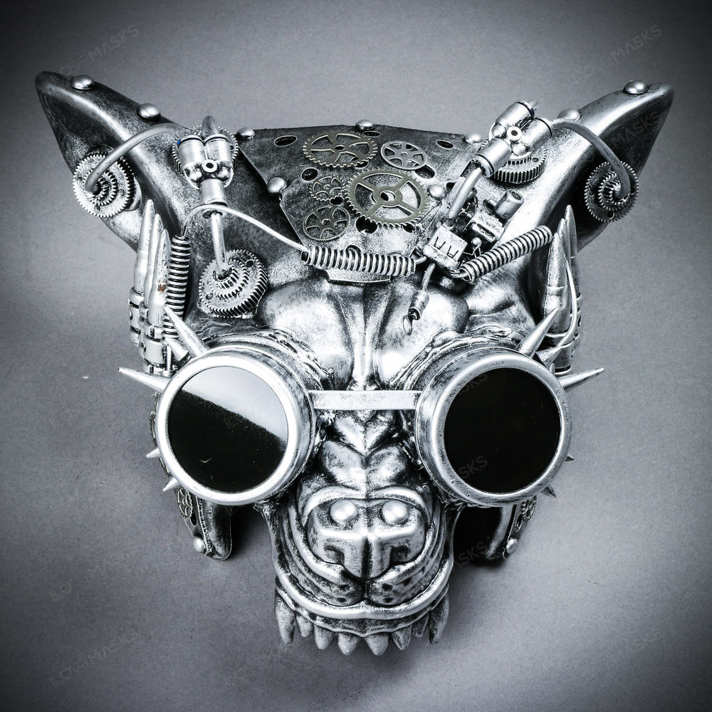 Angry Wolf Steampunk Robotic Goggles Masquerade Mask - Silver